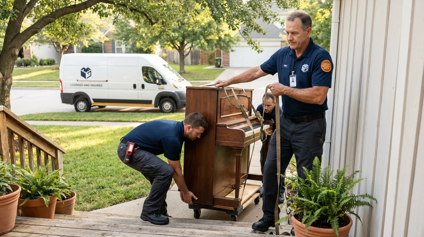 Licensed piano movers securing grand piano in Las Piedras, PR