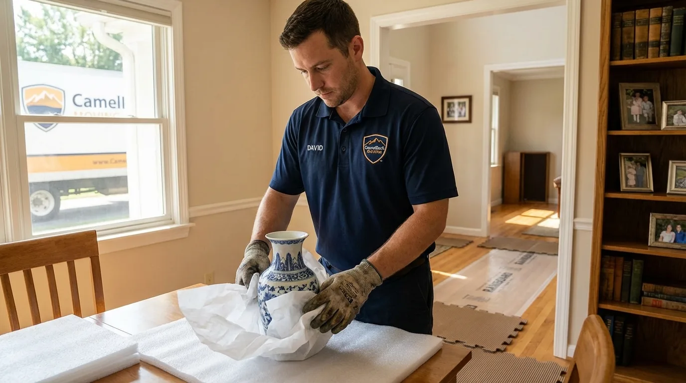 Professional crew carefully wrapping antique vase for senior downsizing move in Las Piedras, PR