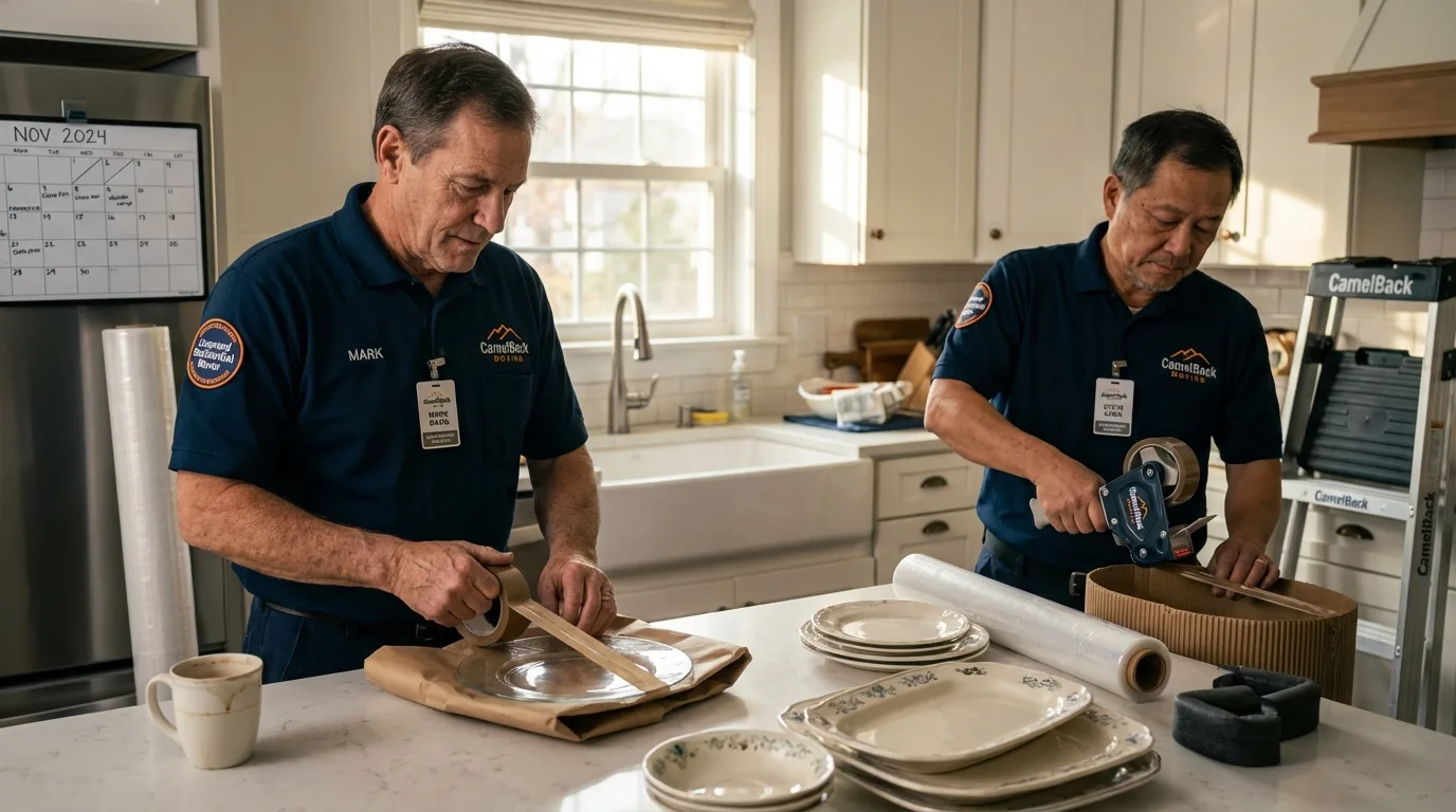 Professional crew packing kitchen dishware in Las Piedras, PR